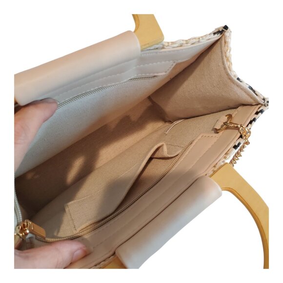 NEW WOVEN Handbag Straw & Natural fiber Striped Wooden Handles Chain Strap - Picture 7 of 9